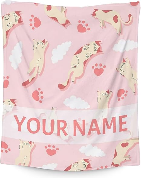 Personalized Cat Blanket Gifts with Name - 50"x60" Cute Throw for Kids & Adults - Pink Soft Fuzzy Blankets for Bed, Couch & Living Room