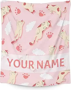 Personalized Cat Blanket Gifts with Name - 50"x60" Cute Throw for Kids & Adults - Pink Soft Fuzzy Blankets for Bed, Couch & Living Room