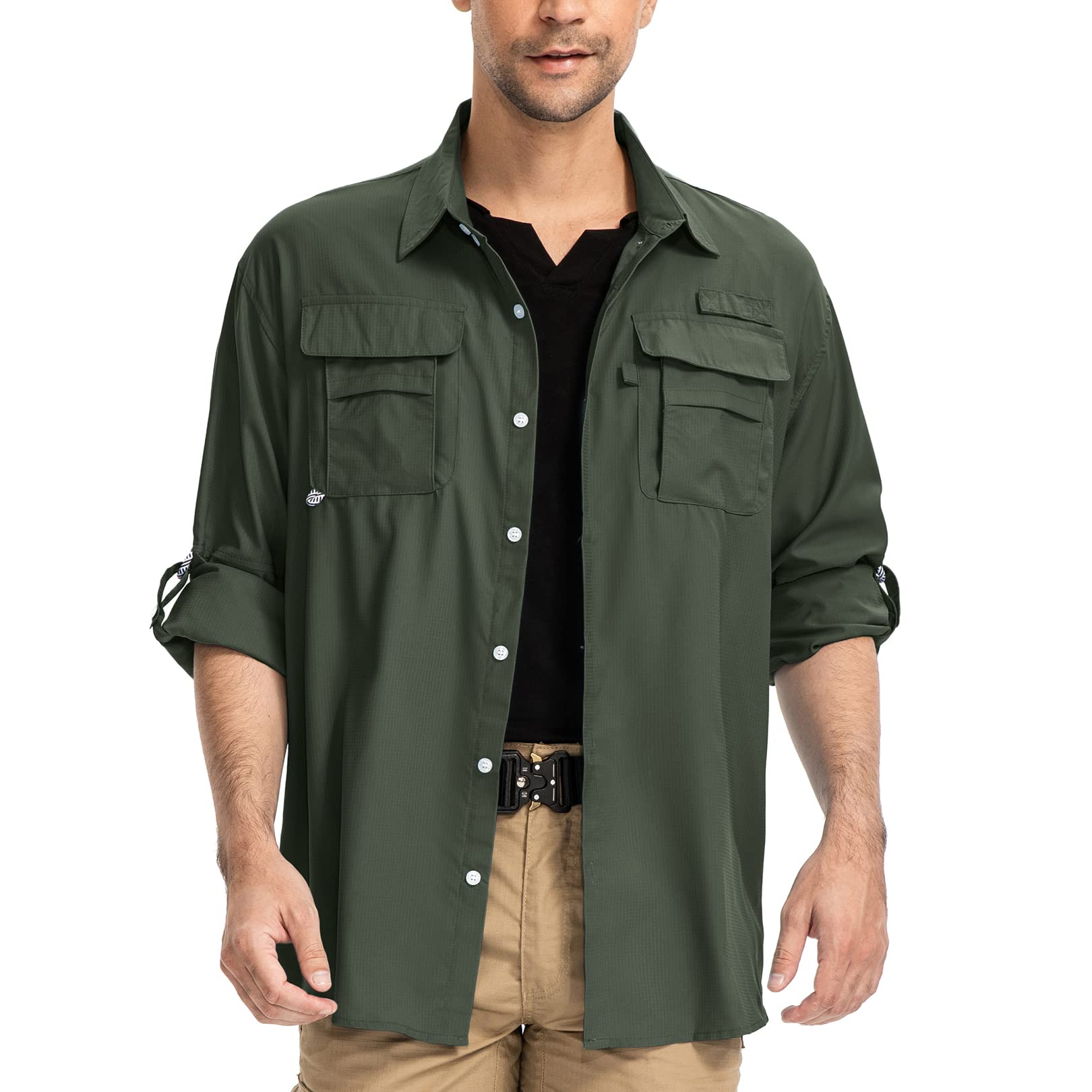yeyity Chemise de safari à manches longues UPF50, protection UV, respirante, boutonnée, pour randonnée, pêche, trekking, Vert kaki, XXL