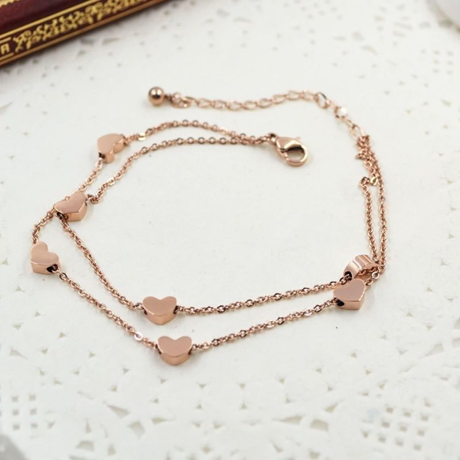 Tobillera de playa de oro rosa de 9 quilates, Au375, oro rosa, cadena doble con corazón, joya para el pie, descalzo, verano, vacaciones, para mujeres, madres, niñas, 30 cm de longitud