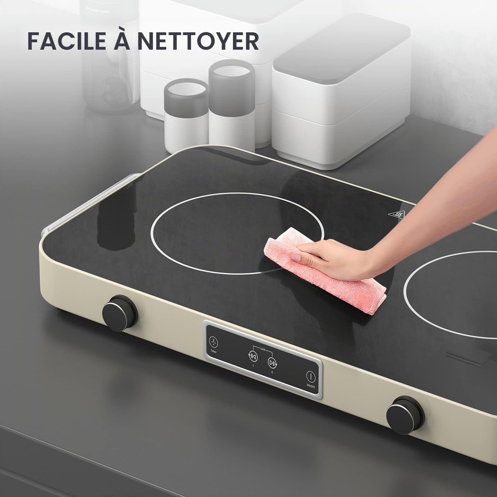 Plaque Vitrocéramique 2 Feux 2200W, Plaque de Cuisson Électrique 48 cm avec 9 Températures et Niveaux de Puissance & Minuterie - Réchaud Électrique Portable Pour Camping-car, Chambre, Randonnée