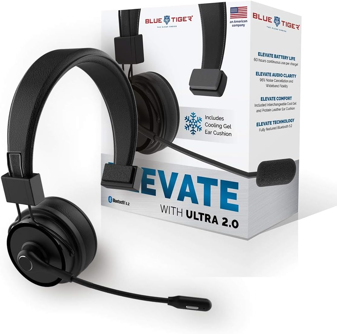 Blue Tiger Elite Ultra 2.0 Wireless Bluetooth Headset – One-Ear Piece Trucker Professional Headset – Bluetooth 5.2 with Microphone – 60 Hours Talk Time, 1200 Hours Standby