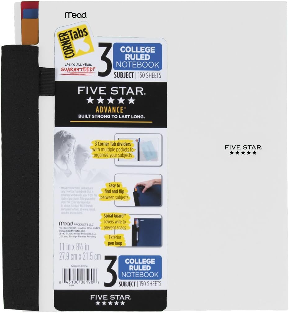 Five Star Advance Spiral Notebook, 3Subject, 150 College