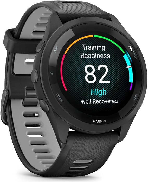 Garmin Forerunner 265 Running GPS Smartwatch, AMOLED Display, 46mm, Black/Powder Gray, 010-02810-00 - Bundle w/Deco Essentials Cooling Towel and Commuter Safety Lights