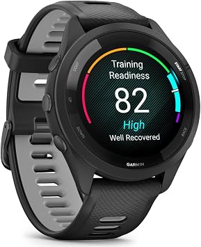 Garmin Forerunner 265 Running GPS Smartwatch, AMOLED Display, 46mm, Black/Powder Gray, 010-02810-00 - Bundle w/Deco Essentials Cooling Towel and Commuter Safety Lights