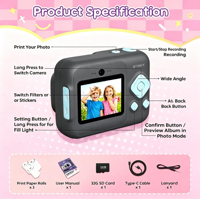ETIKEZ Kids Camera Instant Print, 1080P with 32GB Card, Black - image 6