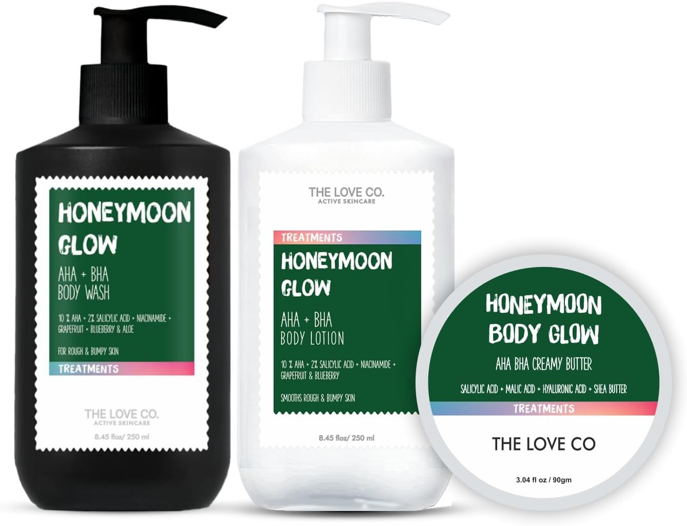 THE LOVE CO. 10% AHA & 2% BHA Body Wash + Body Lotion + Body Butter | Enriched with Niacinamide & Grapefruit | Targets Acne, Dark Spots & Rough Skin | Sulphate-Free, Unisex | Pack of 3
