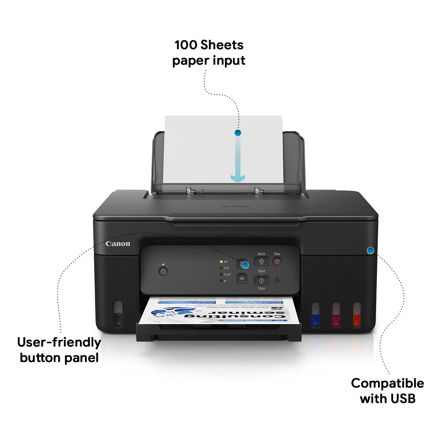 Canon PIXMA MegaTank G2730 printer showing 100 sheets paper input