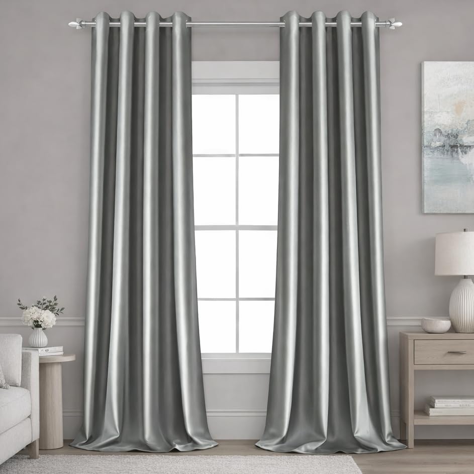 HOMEIDEAS 2 Panels Silver Grey Faux Silk Blackout Luxury Curtains, 52 X 108 Inch Room Darkening Satin Thermal Insulated Window Drapes for Bedroom Decor, Indoor, Living Room.