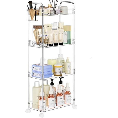SPACEKEEPER Acrylic Rolling Storage Cart 4 Tier Clear Bathroom Cart Organizer, Transparency Rolling Utility Cart Laundry Room Organization Multifunction Mobile Shelving Unit for Office, Living Room
