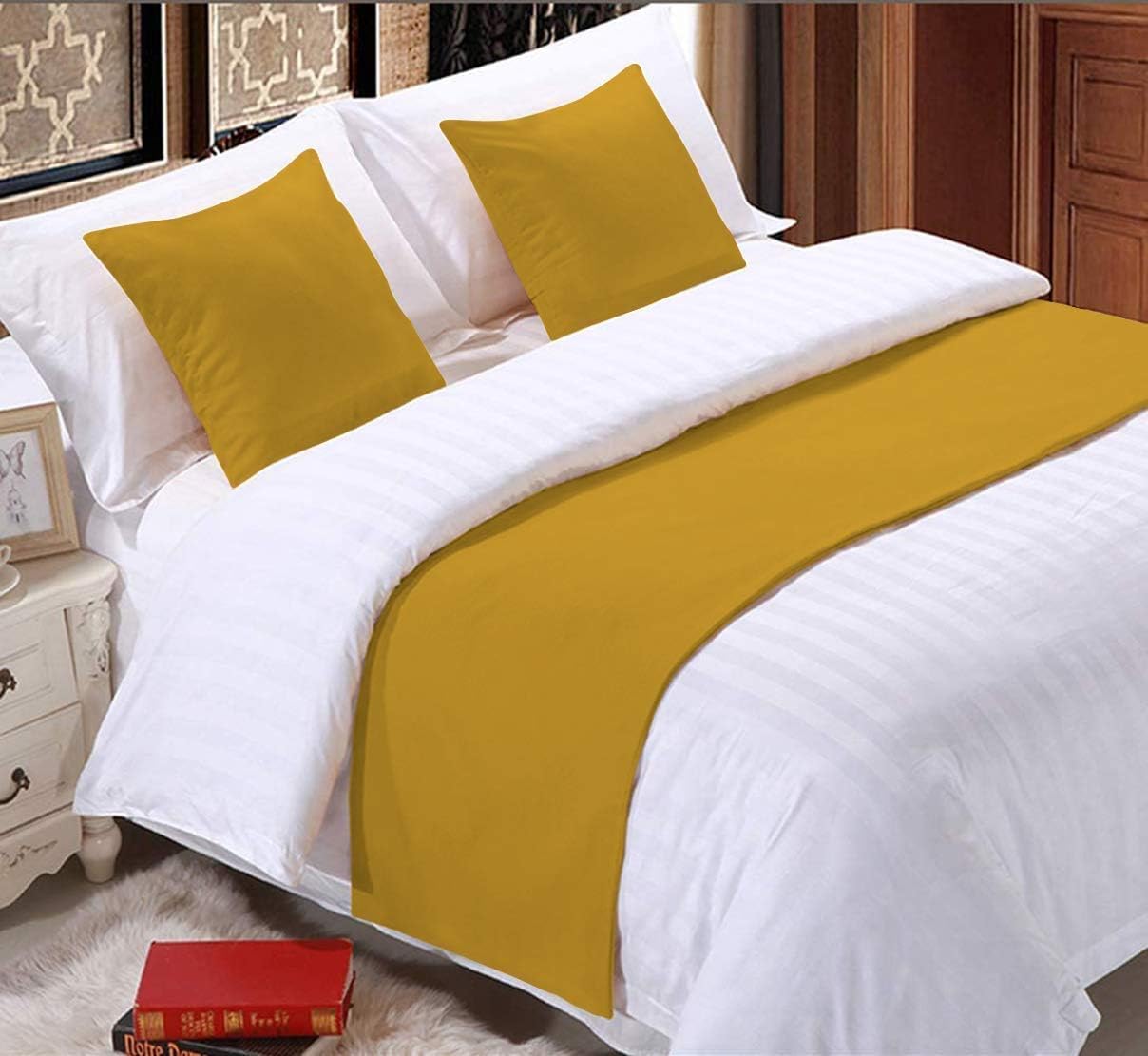 Egyptian Cotton Bed Runner Gold Solid Queen Size (88x20) Bed Scarf for Bedroom Hotel Room with 2 Pillow Shams