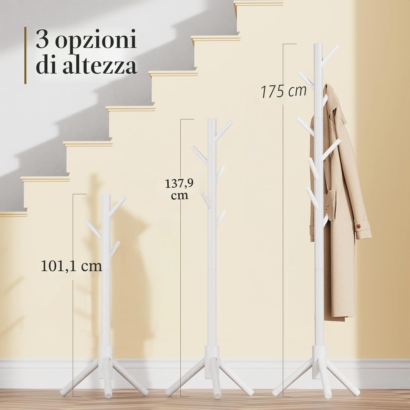 Pipishell Appendiabiti in legno robusto, 3 dimensioni regolabili con 8 ganci, appendiabiti per corridoio ingresso, porta cappotti per vestiti, utilizzato in camera da letto/ufficio/corridoio/ingresso