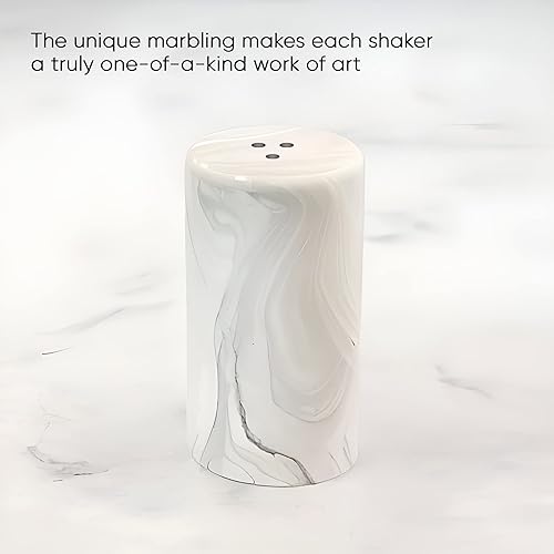 Miniatura 7 de Juego de saleros y pimenteros vintage con acabado de mármol blanco y negro recargables y reutilizables para la cocina o el comedor cerámica rústica