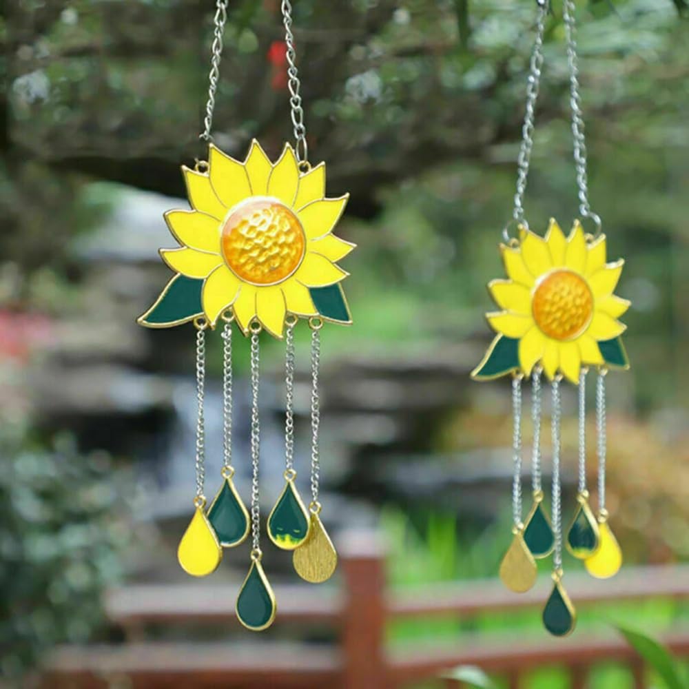 Sunflower Wind Chimes Pendant Metal Sun Catcher Window Windchimes Hanging Ornaments Home Outdoor Yard Garden Decoration Ornament (Color : Gold-S)