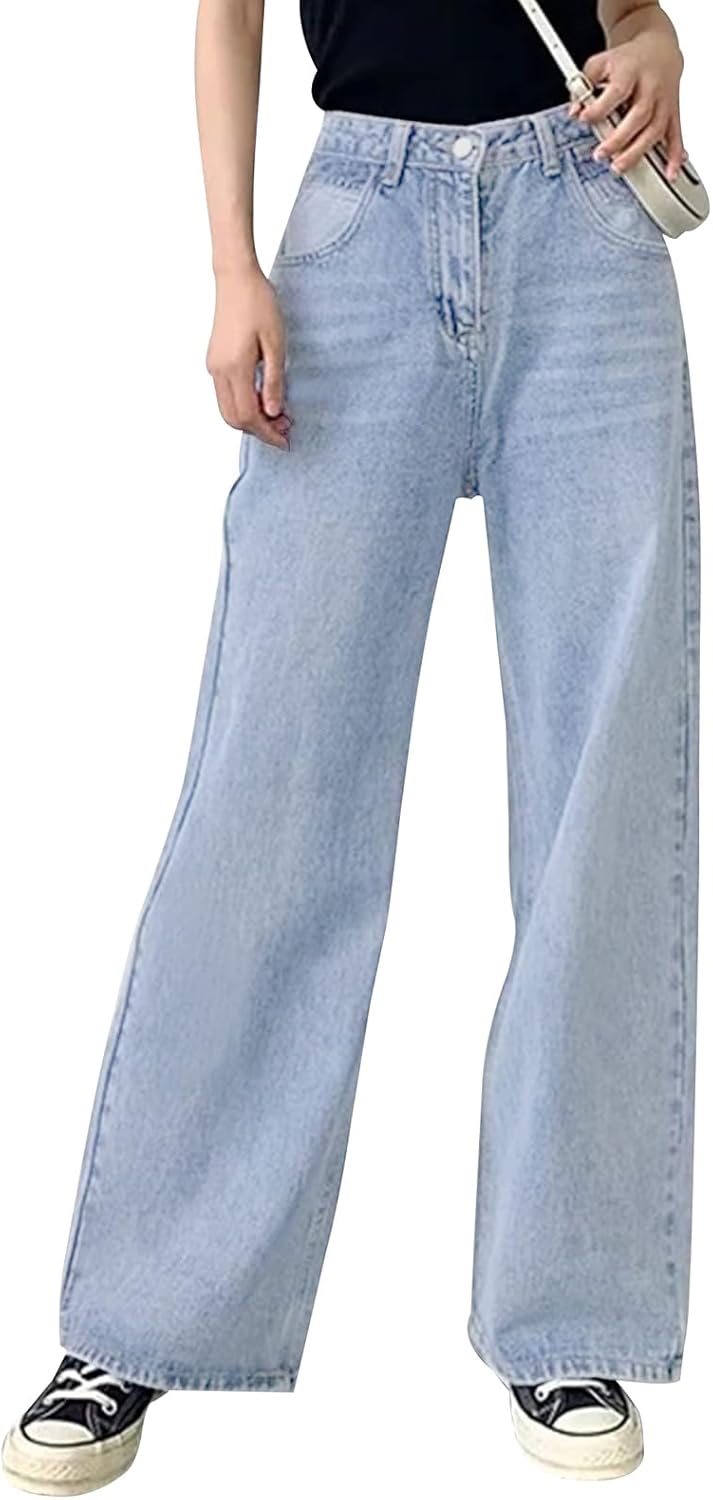 BestGirl Women's Baggy Jeans Pull On Stretchy Loose High Waisted Wide Leg Denim Pants Y2K 90s