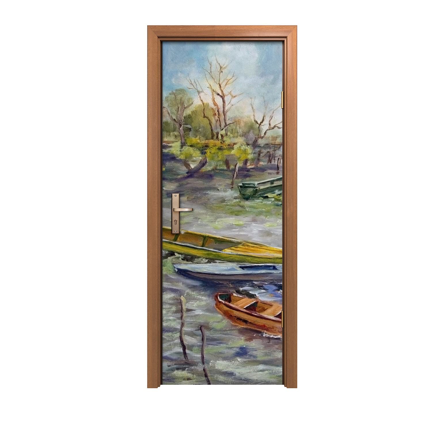 Autocollant de porte murale 70x200cm sticker paysage lac bateaux arbres ciel
