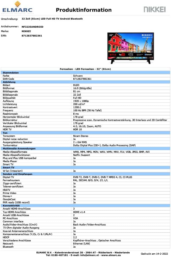 Nikkei NF3235ANDROID product information sheet with technical specifications