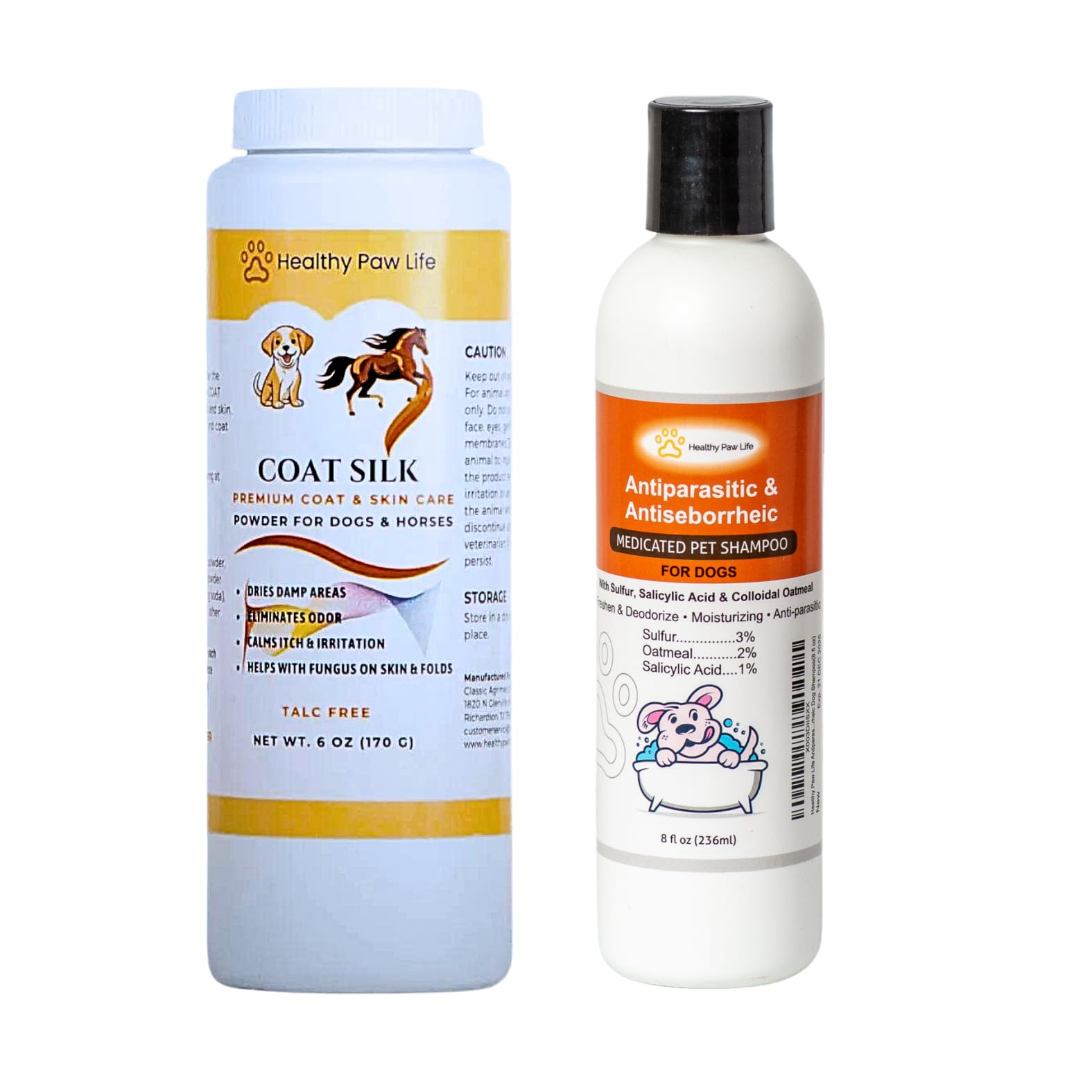 Healthy Paw Life - Bundle of Coat Silk Dog Dry Powder to Alleviate Odors and Itchiness (6 oz) and Antiparasitic & Antiseborrheic Dog Shampoo (8 oz)
