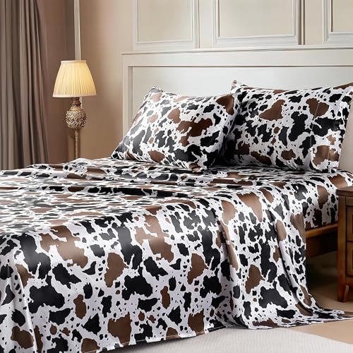 Image of MR&HM Satin Sheets with Elastic Corner Straps, Twin Size 3-Piece Silky Bedding Set, Deep Pocket 15 Inches, Good for Hair & Skin (Twin, Cow Print)