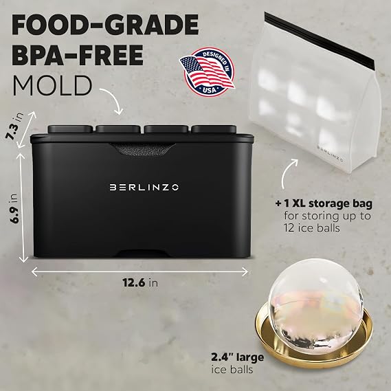 Berlinzo Premium Clear Ice Ball Maker Mold with Ice Storage Bag XL - 2 Large 2.4 Crystal Clear Ice Balls - Easy-to-Remove Ice Sphere Mold - Storage Bag Included, Black (Non-Electric Ice Maker)