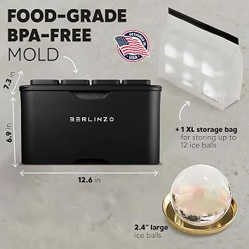Berlinzo Premium Clear Ice Ball Maker Mold with Ice Storage Bag XL - 2 Large 2.4 Crystal Clear Ice Balls - Easy-to-Remove Ice Sphere Mold - Storage Bag Included, Black (Non-Electric Ice Maker)