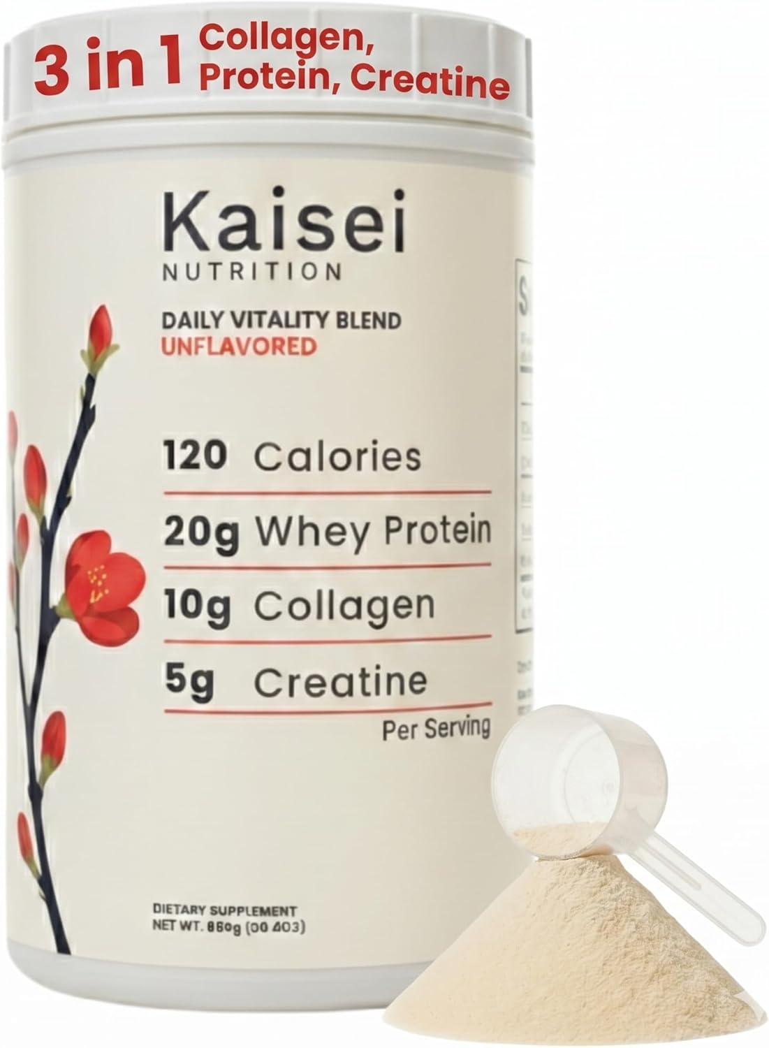 Collagen Peptides Type 1 & 3 + Whey Isolate Protein + Creatine Monohydrate - Unflavored - For Women & Men - 3 Ingredients, 3-in-1 Skin & Joint, Muscle, Brain Support - Daily Essential Supplement