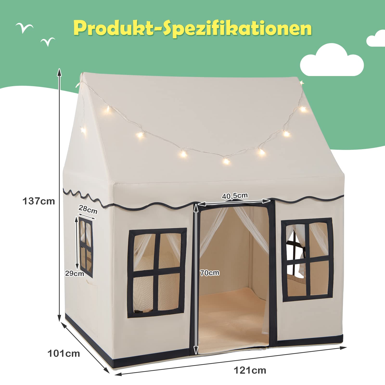 DREAMADE Spielzelt für Kinder mit Lichterkette und gepolsterter Matte, Tipi Zelt, Kinder Spielhaus mit Fenstern, Kinderzelt für Jungs und Mädchen, für Indoor und Outdoor (Beige + Schwarz)