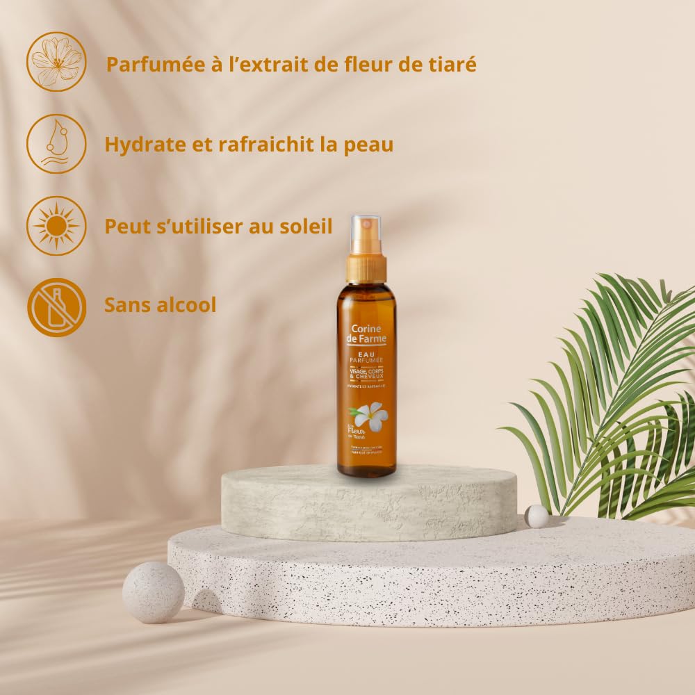 Corine de Farme - Monoi Tiaré Perfumowana woda - Mgła do pielęgnacji twarzy, ciała i włosów - Nawilża, chłodzi i perfumuje skórę - Bezalkoholowa - 150 ml