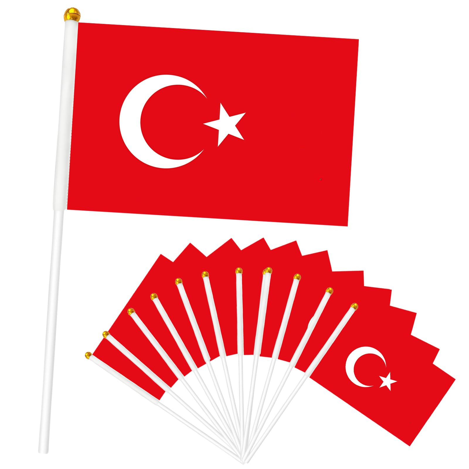 12pcs Turkey Hand Flags on Sticks, Small Turkish Flags for Party Decorations, Double Sided Handheld Flags with White Poles for Sports Events, Garden and Celebrations