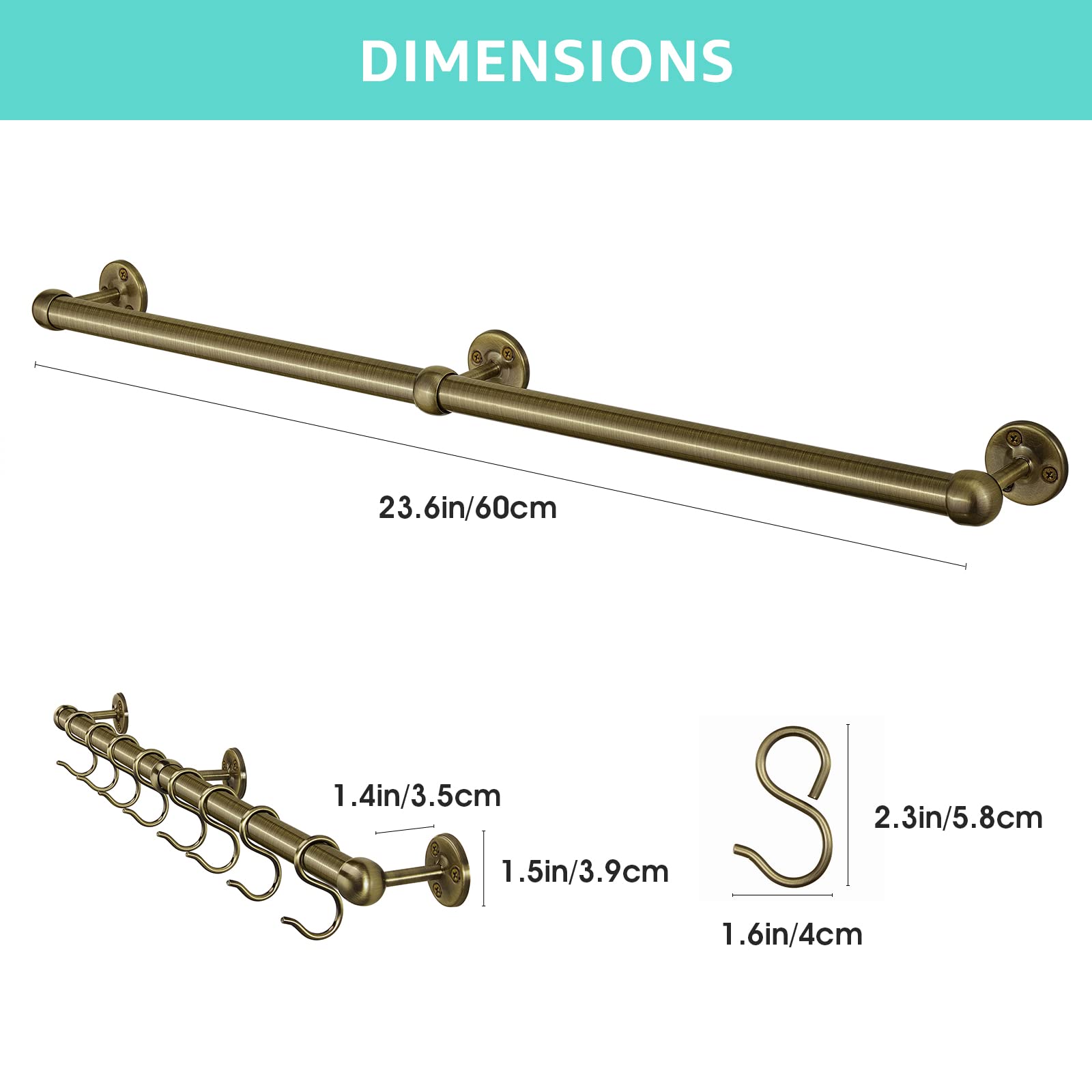 Support suspendu Rothley en acier inoxydable : Suspension murale pour casseroles et poêles de 60 cm - Robuste - Avec 8 crochets en S (laiton antique).
