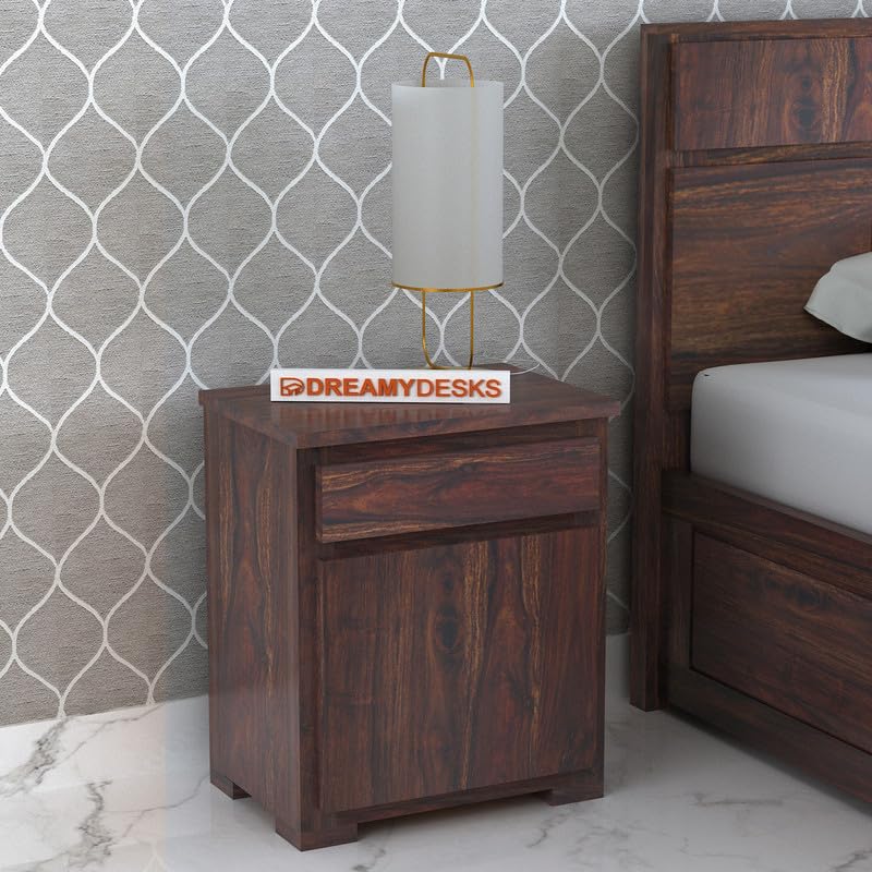 Image of Solid Sheesham Wood Bedside Table with 1 Drawer & 1 Door Storage, End Table, Side Table for Bedroom, Living Room, Home (Walnut Finish)