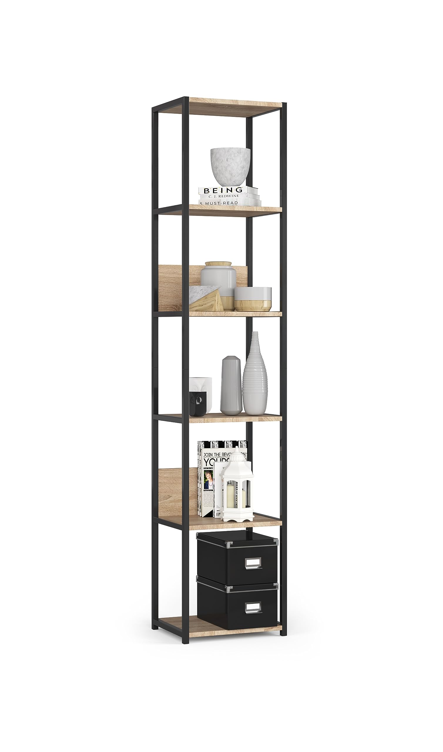 BDW Scaffale Loft Moderno in Metallo - Scaffale da Soggiorno - Scaffale in Stile Industriale - 6 Ripiani - Mobili Industriali - Vintage - Stile Industriale - 192x40x32cm - Nero/Rovere Sonoma