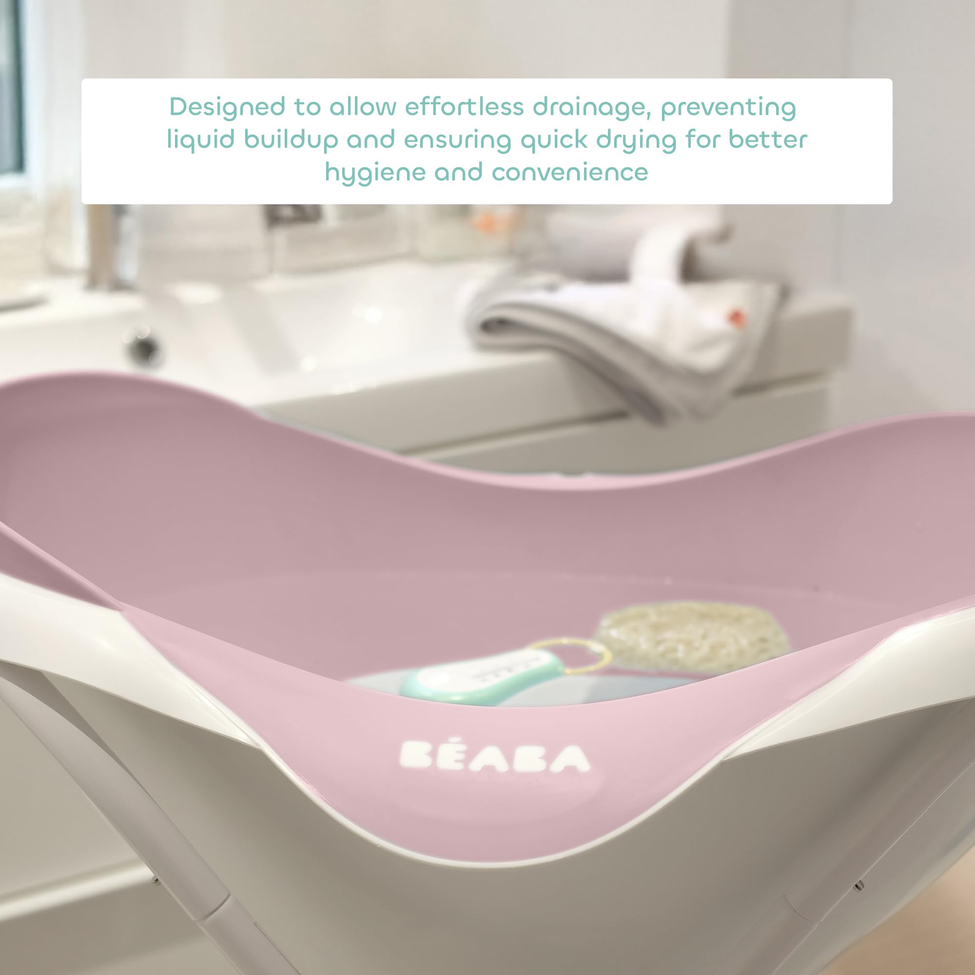 BÉABA - Vaschetta Baby per Bagnetto Neonati, Antiscivolo e Comoda, Ergonomica e Multiuso, Materiale Flessibile e Delicato, Tappo per Svuotare il Prodotto, Camélé'O, Made in France, Rosa