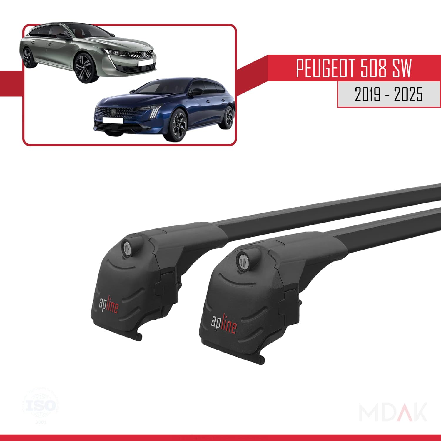 MDAK Compatible con Peugeot 508 SW 2019-2025 Ace-2 Barras de Techo Auto Portaequipajes Barras Transversales Negro Aluminio 2 Barras