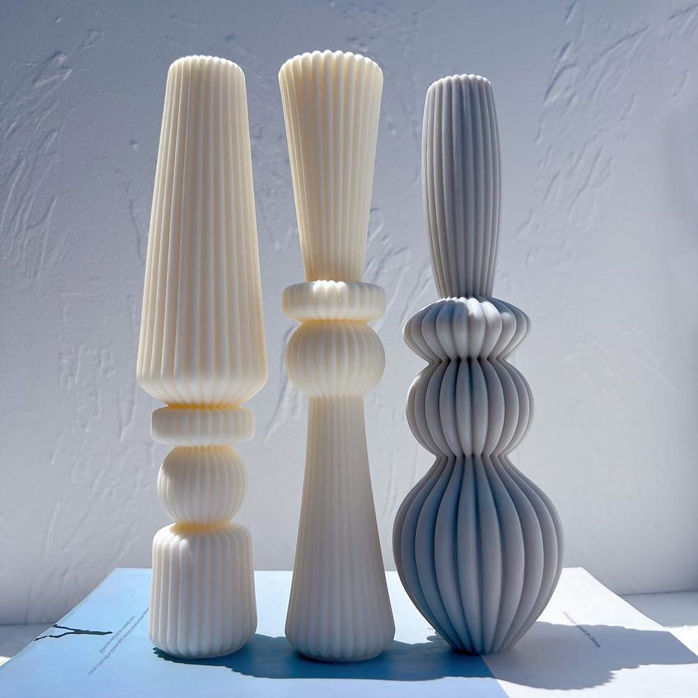 Moule Bougie 3 modèles Abstraits décoratifs à Rayures Hautes, Moule à Bougie cylindrique en Silicone irrégulier Moulle Bougies(A)