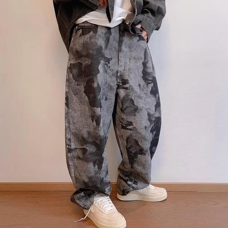 Unisex Y2K Streetwear Black tie dye Printed Pants, Hip-hop Loose Retro Curved Knife Full Print Jeans for Men2