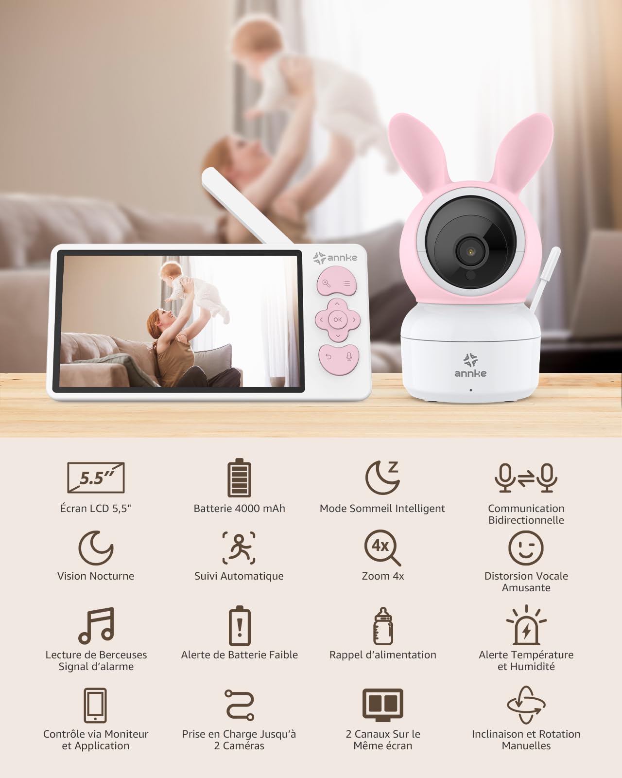 ANNKE 2K Cámara Bebé Con Monitor De 5.5" | Rotación 360° Y Visión Nocturna | App Móvil Y Control Por Voz (VOX) | Canciones De Cuna | Batería Larga Duración