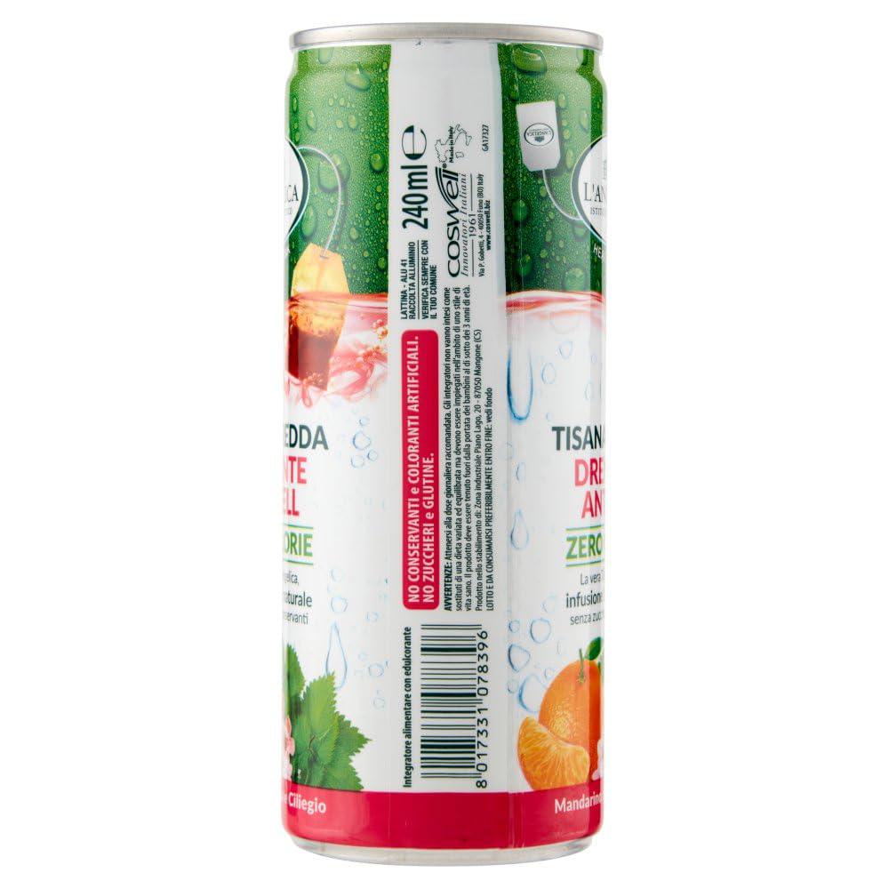 L' Angelica Drenante Anticell - Té de hierbas frías (24 unidades, sabor a mandarina, ortiga y cereza, sin calorías, sin azúcar, 240 ml, lata de 400 g)