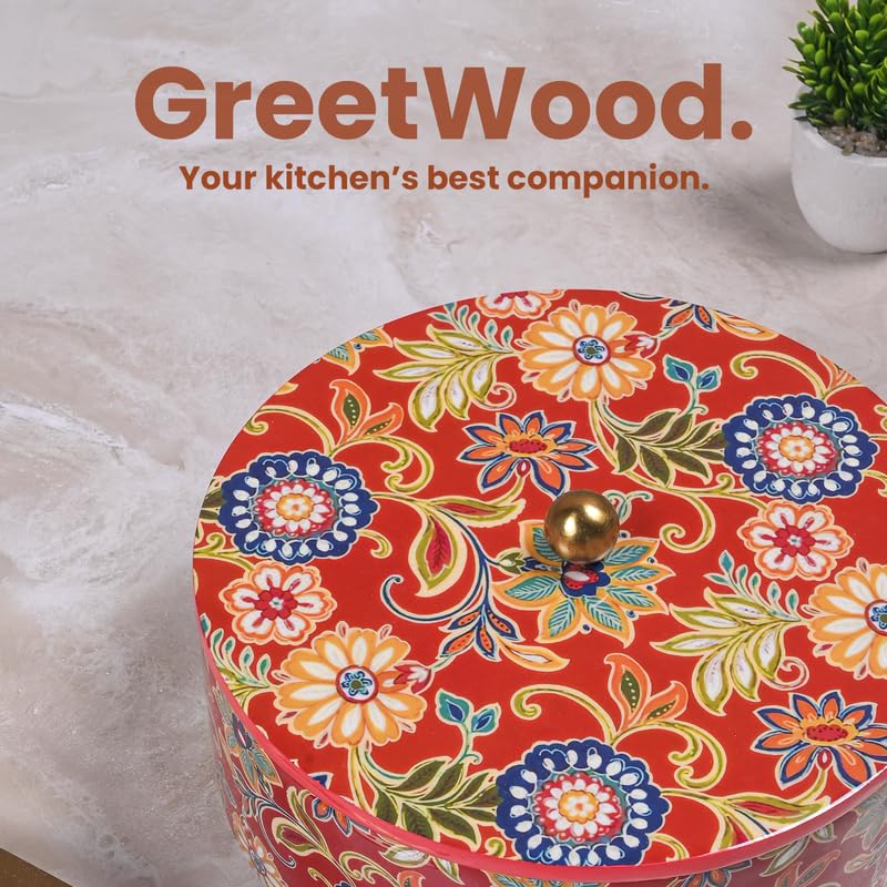 Image of Wooden Chapati Box for Kitchen - Casserole for Roti with Stainless Steel Brass Lid | Wooden Chapati Box with 1 Tong | Traditional Kitchen Organizer - Red (Printed)