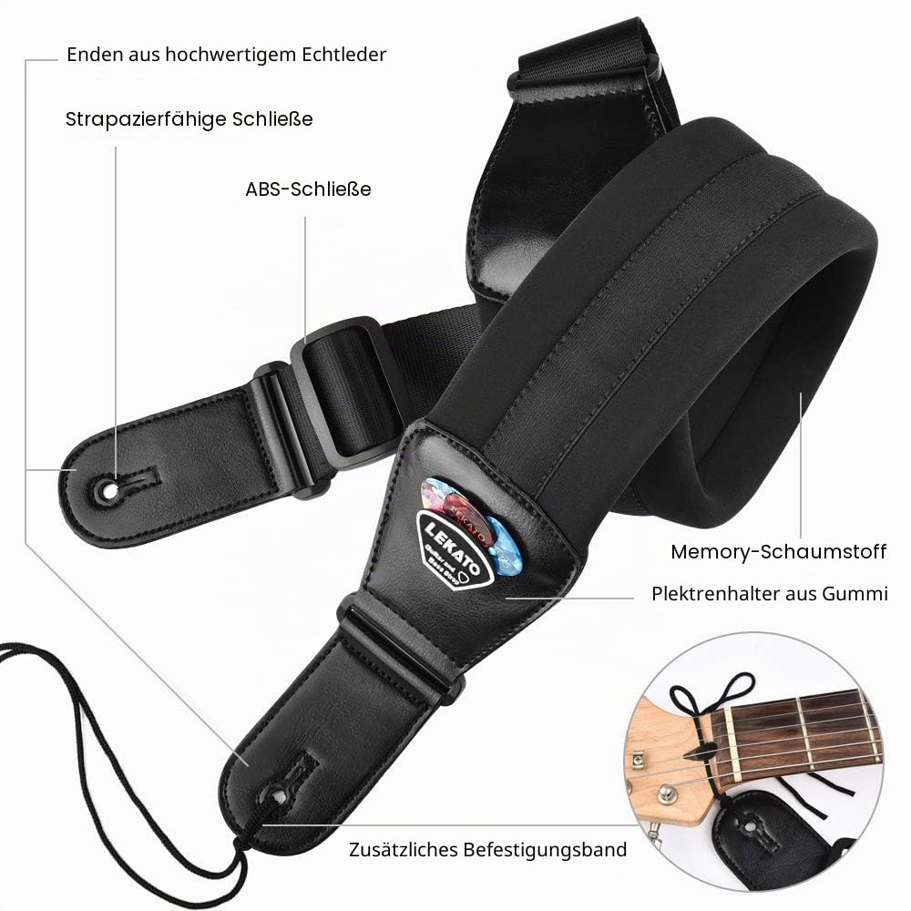 LEKATO Gitarrengurt mit Memory Foam, gepolsterter Gitarrengurt verstellbarer Gitarrengurt für akustische und elektrische Bassgitarren, 6 Gitarrenpicks, 2 Gurtschlösser inklusive