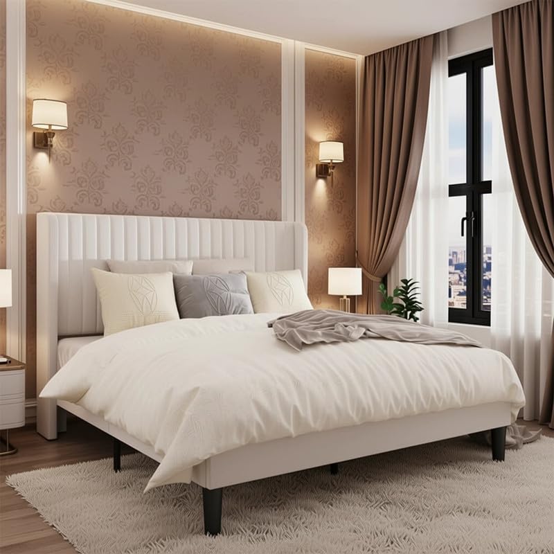 Image of Amazon Brand - Solimo Wood Lark Modern Upholstered King Size Bed with Wingback Headboard | Durable Wooden Double Bed Cot Palang Without Storage Furniture for Home, Hotel (White)