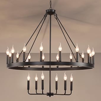 Wagon Wheel Chandelier for Dining Room 40inch-22light 2 Tier Large Farmhouse Pendant Light Fixtures, Round Modern Industry High Ceiling Chandelier Black -B