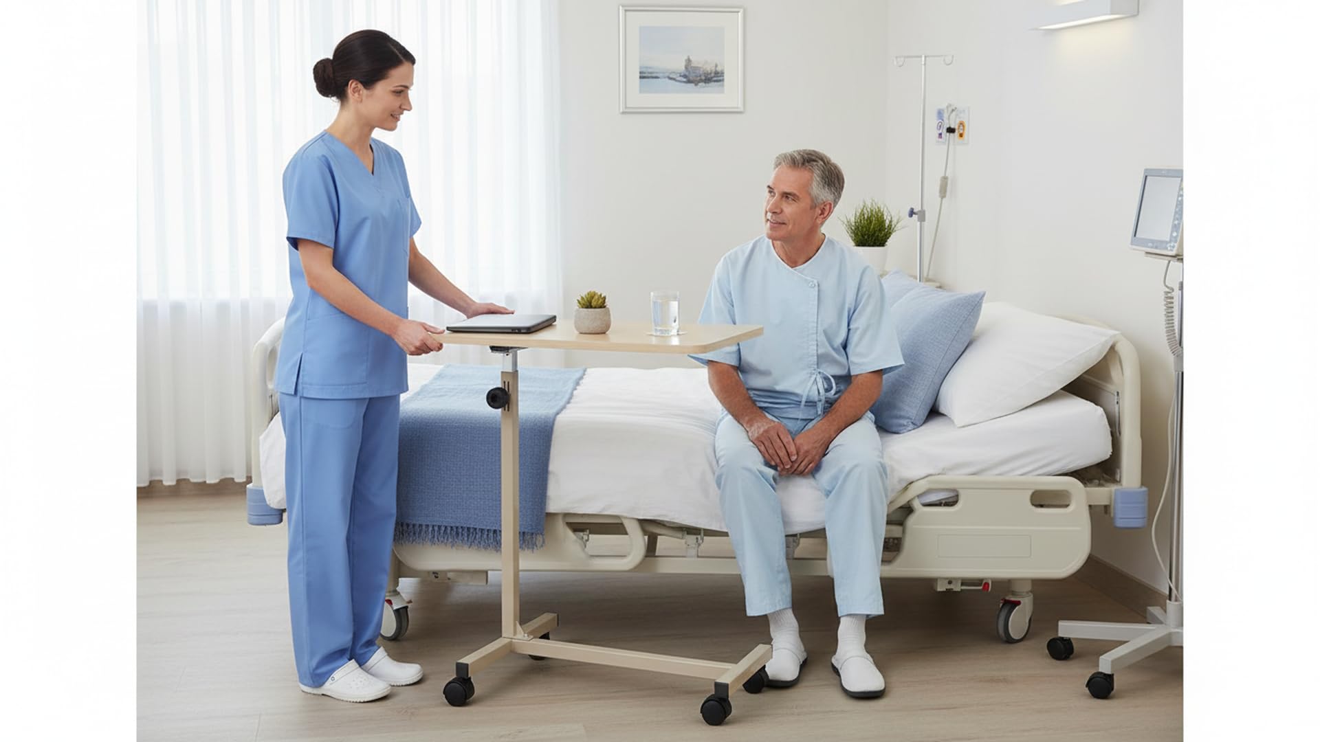 Ausilium Tavolino Servipranzo Regolabile in Altezza per Letto e Divano - Tavolo Ortopedico in Legno con Ruote Piroettanti e Struttura in Acciaio - Ideale per Anziani e Disabili