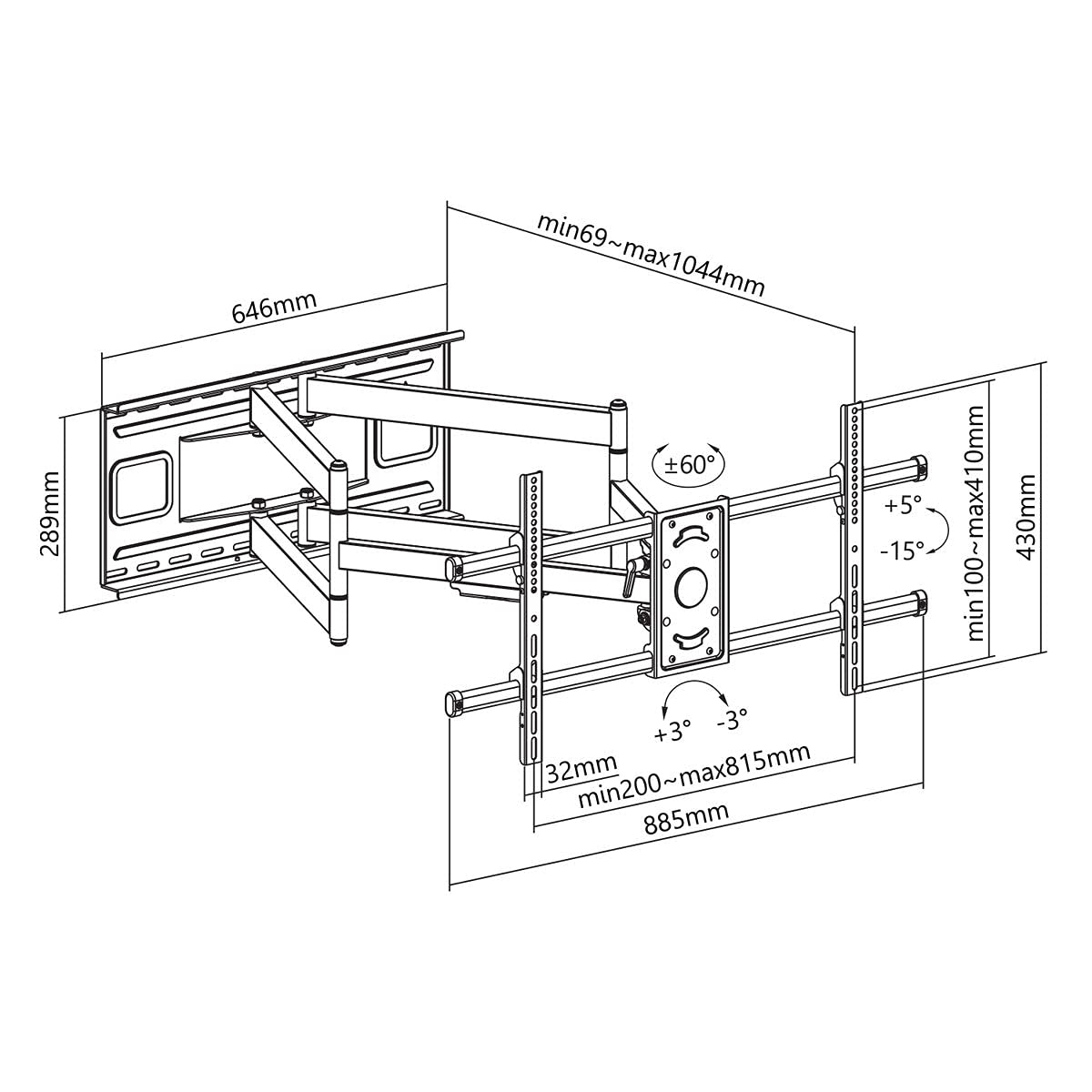 KIMEX - Support TV - Installation Murale - Fonction Orientable/Inclinable - Ultra Extensible 69-104 cm - pour écran 55''- 90'' - 013-4084