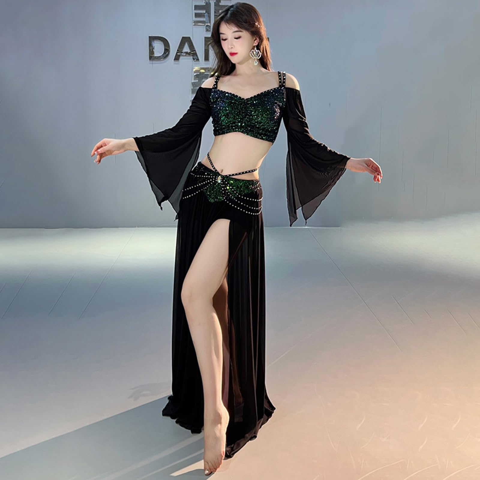 Costumi di Danza del Ventre da Donna, Top Corto con Paillettes Lucide, Gonna da Ballo con Spacco, Abiti di Danza del Ventre di Carnevale di Halloween,Nero,M