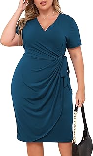 Plus Size Dresses for Curvy Women Summer Casual Wrap Bodycon Midi Short Sleeve Pleated Dress 14-26 - Buy now