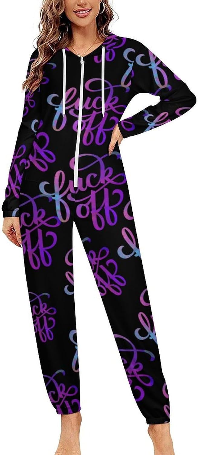 Fck Off Adult Pajamas Onesie with Hood Pocket Jumpsuits One Piece Sleepwear