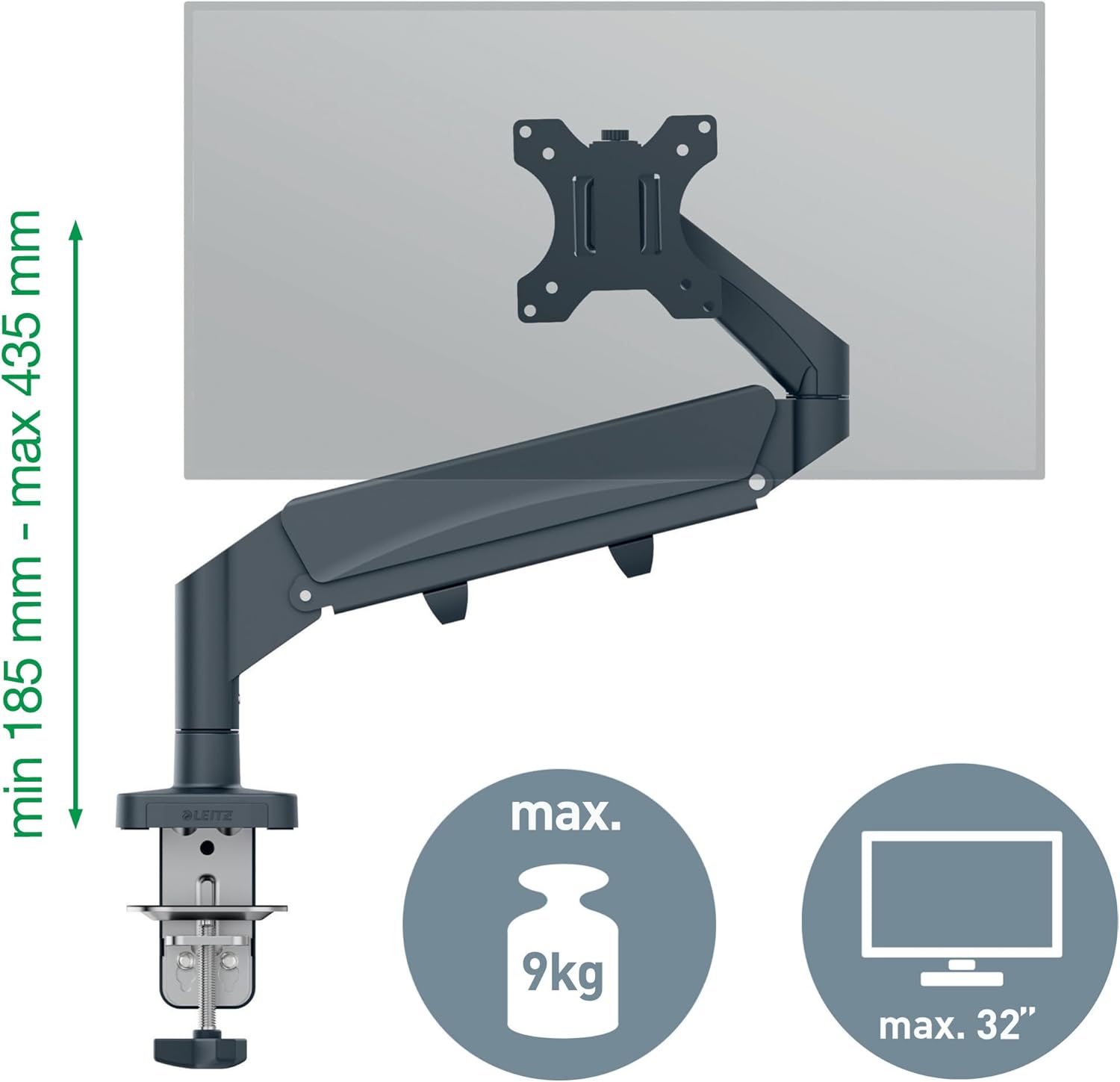 Leitz Ergo Space Saving Single Monitor Arm, Dark Grey Monitor Arm for Up to 32" Monitors, Velvet Grey, 64890089