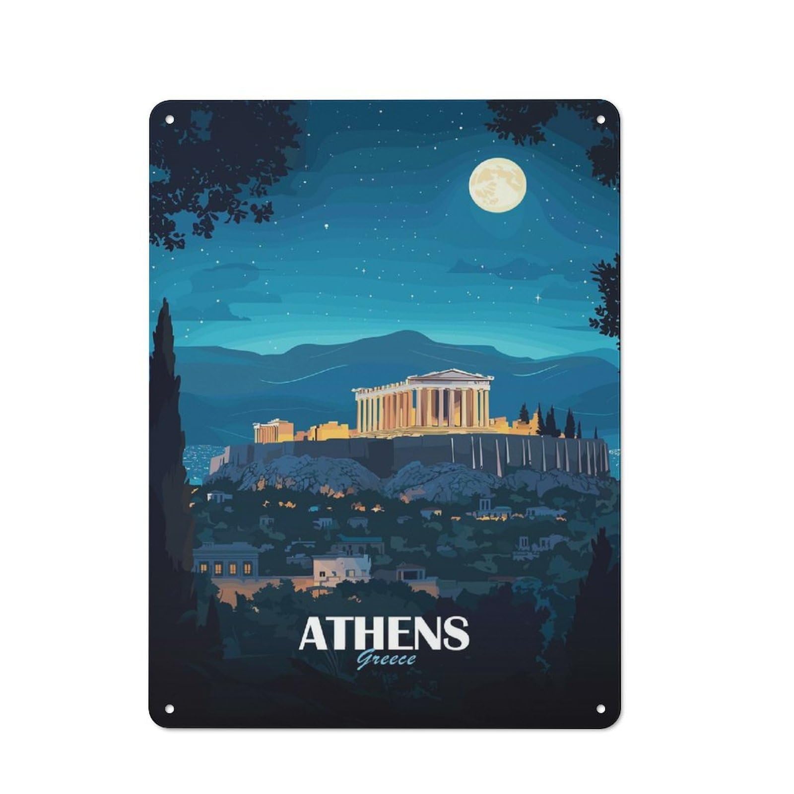 Junmoney Style-16 Athens Greece Night Travel Metal Wall Art Sign 40X30cm, Vintage Old Style Wall Plaque For Living Room, Hallway, Kitchen Or Cafe
