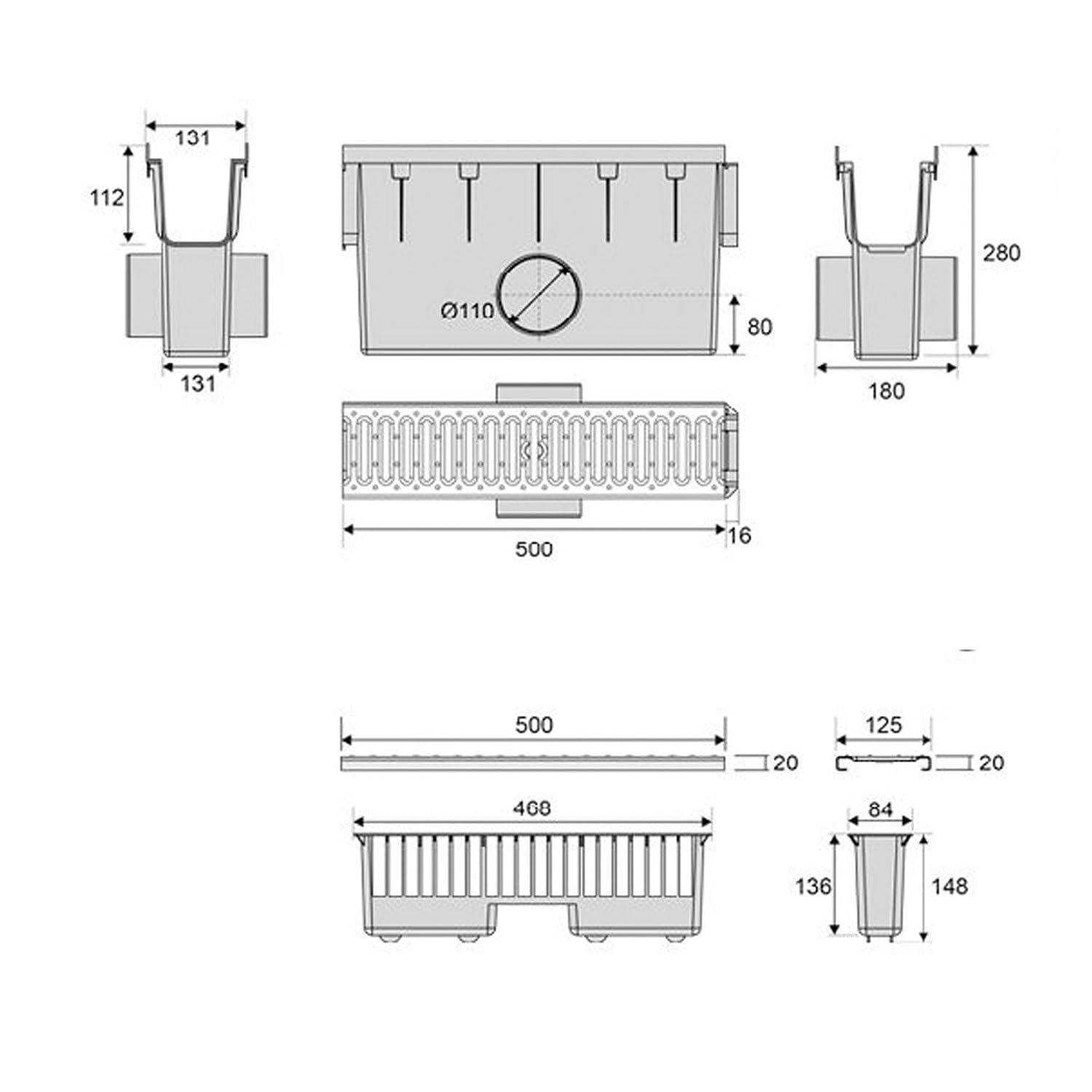 SPEEDPLANT Einlaufkasten mit Fangkorb A15 mit Stahlrost, 50 cm, 1,5 t Belastbarkeit, passend für 148 mm Tiefe, inkl. Zubehör